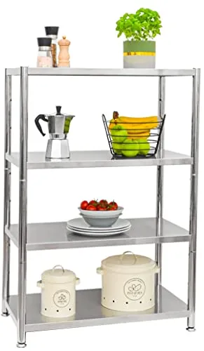 shelfr Edelstahl Regal bis 160kg - 4 Ebenen Schwerlastregal - Standregale aus 100% rostfreiem Edelstahl, stabil und pflegeleicht. Ideal für Küche und Vorratsraum mit viel Stauraum und variablem Platzangebot.