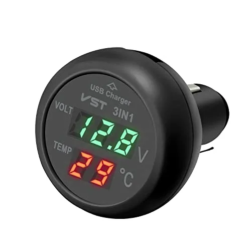 Hoembpn 3 in 1 Auto USB Ladegerät mit LCD-Display - Praktisches 3 in 1 Ladegerät für Auto und Lkw mit USB-Anschluss (5V 2.1A) zum Laden von Geräten. Temperatur- und Spannungsmessung für optimale Sicherheit im Fahrzeug. Ideal für 12V-24V Fahrzeuge.