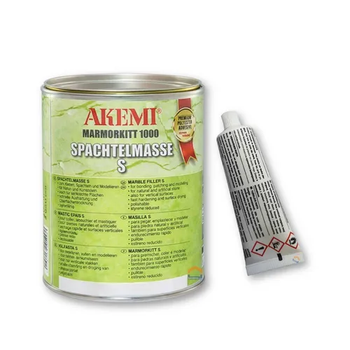 AKEMI Marmorkitt 1000 S – Grau/Neutral, 1000 ml - Polier-Zubehör für die Verkittung und Verklebung von Natursteinen. Mit schneller Aushärtung in 15-30 Minuten und exzellenter Polierfähigkeit ideal für präzise Modellierungen.