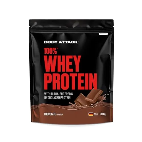 Body Attack 100% Whey Protein - Chocolate, 900 g - Molkenproteine mit extra cremigem Eiweißpulver und BCAA's, ideal für Muskelaufbau und Diäten, ohne Aspartam oder Gluten für optimale Nährstoffaufnahme.