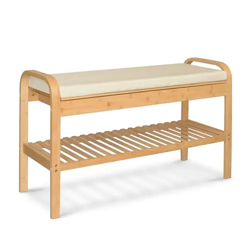 AD.CON Schuhbank aus Bambus mit Sitzkissen - Schuhbank und Schuhregal in einem, aus strapazierfähigem Bambus mit hautfreundlichem Sitzkissen. Ideal für den Eingangsbereich, belastbar bis 120 kg.