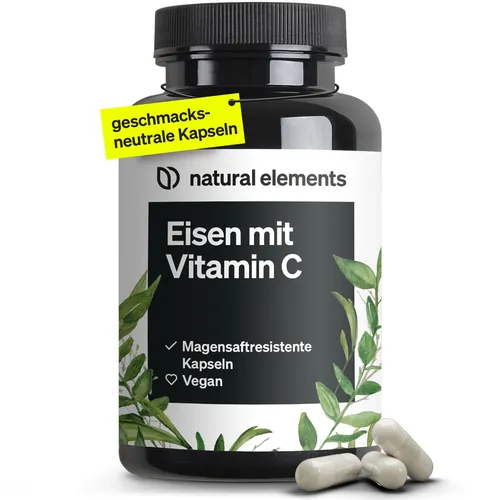 natural elements Eisen 20mg mit natürlichem Vitamin C - Eisenpräparat mit 42mg natürlichem Vitamin C zur Förderung des Wohlbefindens, geschmacksneutral und ideal für die tägliche Einnahme.