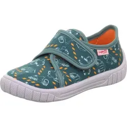 Superfit BILL WMS Klettschuh für Kinder - Hausschuh mit Klettverschluss in olivgrün-orange, ideal für mittelbreite Füße. Inklusive Größenschablone zum Download für die perfekte Passform.