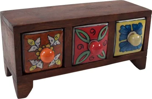 GURU SHOP Apothekerschränkchen mit Bunten Keramik Schubfächern, Gewürzkiste - 3 Fächer Modell 2, Braun, 11x23x8 cm, Dosen, Boxen & Schatullen