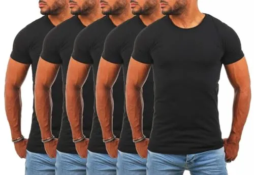 Young & Rich Herren Uni Basic T-Shirt Slimfit Schwarz - 5er Pack - Trendiges Slimfit T-Shirt mit Rundhals-Ausschnitt in Schwarz. Ideal als Unterziehshirt dank hoher Tragekomfort. Die Baumwoll-Mischung sorgt für Flexibilität und angenehmes Tragegefühl.