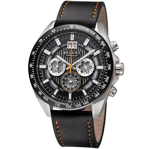 REGENT Herrenuhr Chronograph mit Lederband 11110943 - Elegante Herrenuhr mit 46 mm Edelstahlgehäuse und wasserdicht bis 10 Atm. Ideal für stilbewusste Männer, die Wert auf Präzision und Design legen.