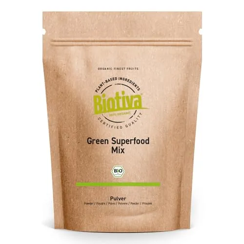 Biotiva Green Superfood Mix Pulver Bio 400g - Vielseitiger Mix aus 9 Superfoods wie Gerstengras, Spirulina und Moringa. Ideal für eine natürliche Ernährung, ohne Zusatzstoffe und in praktischer Alufreie Verpackung. Hergestellt in Deutschland mit geprüfter Qualität.