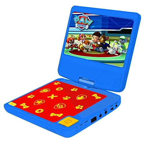 Lexibook, Paw Patrol, Tragbarer DVD-Player, 7“ drehbarer Bildschirm für Kinder, Fernbedienung, Kfz-Ladegerät, USB-Anschluss, wiederaufladbare Batterie, blau/rot, DVDP6PA