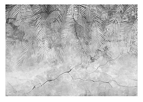 Fototapete Federn Palmenblätter Pflanzen grau Beton Vintage Retro - inkl. Kleister - für Wohnzimmer Schlafzimmer Flur Modern Vlies Tapete Vliestapete Wandtapete Motivtapeten Montagefertig (104x70 cm)