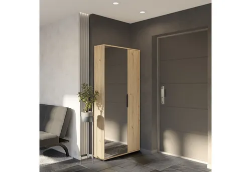 Demeyere GROUP Schuhschrank Ebony mit Spiegel - Schuhschrank in Eiche mit 2 Drehtüren und 4 Einlegeböden, ideal für Ordnung im Flur und mit praktischem Spiegel für ein schnelles Styling.