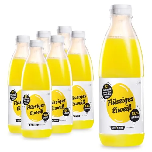 Farma Białka 100% Flüssiges Eiweiß - Eier & Ei-Ersatz Produkte - Hochwertiges, laktosefreies Hühnereiweiß in praktischer 6x1 kg Flasche, ideal für eine eiweißreiche Ernährung und schnelle Zubereitung.