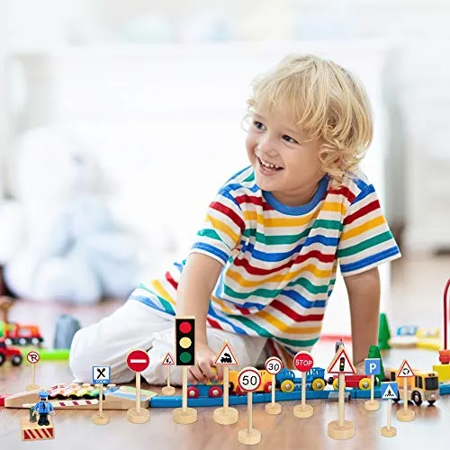SNAGAROG 15 Stücke Verkehrsschilder Set Holz Verkehrszeichen Lernspielzeug Kinder Holzstraßenschilder Educational Spielzeug für Verkehrswissen Lernen - Multicolor