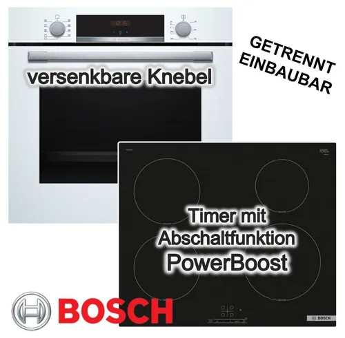 Herdset BOSCH Backofen weiß EcoClean + Induktionskochfeld 60cm - Herd-Sets mit 3D-Heißluft für perfekte Backergebnisse, autark und energieeffizient (A+). Das Induktionskochfeld bietet Sicherheit mit Topferkennung und Power Boost für schnelles Kochen.