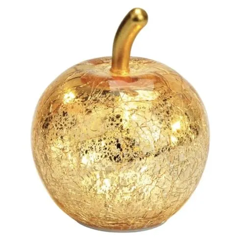 Seyila Home Dekorative Glas Apfel Leuchte mit LED Beleuchtung und Timer (unten), Crackle-Effekt Glas, Goldener Stiel, Weihnachtsdeko, Lampe (Gold, 11 cm)