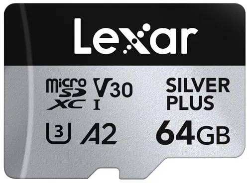 Lexar Silver Plus Micro SD Karte 64GB, Bis zu 205 MB/s Lesegeschwindigkeit, 100MB/s Schreibgeschwindigkeit, Speicherkarte Micro SD mit SD Adapter, UHS-I, A2, U3, V30, Klasse 10, 4K UHD microSDXC