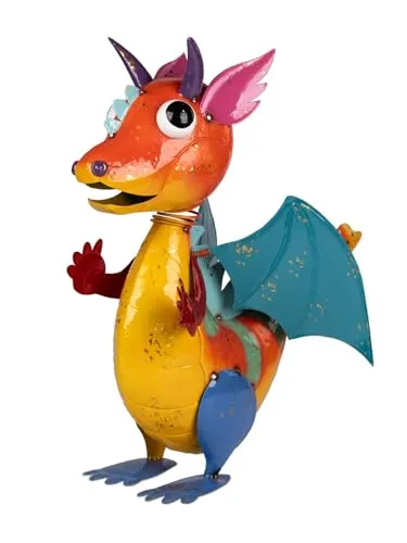 Formano große Dekofigur Drache H. 53cm bunt aus Metall - Figuren, Skulpturen & Statuen, beeindruckende Dekofigur mit Wackelkopf, ideal für Garten und Terrasse, bringt Farbe und Leben in jeden Außenbereich.