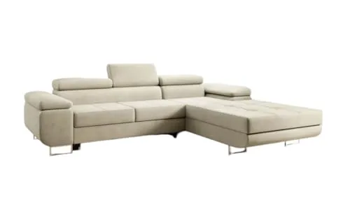 Luxusbetten24 Designer Sofa Calvera mit Stauraum und Schlaffunktion | Bezug: Samt | Farbe: Sand | Stellvariante: Rechts