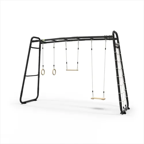 EXIT GetSet Monkeybar MB310 - Schwarz - Robustes Spielgerät für draußen, fast 4 Meter lang. Inklusive Reckstange, Holzturnringen, Trapez, Schaukel und Kletternetz für vielseitigen Spielspaß.