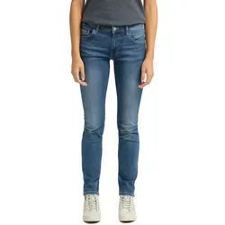 MUSTANG Damen Comfort Fit Style Rebecca Jeans - Bequeme Stretchjeans in Blau - Jeans mit hohem Bund und figurnahen Schnitt, ideal für Komfort und Stil. Dezente Used-Waschung und verdeckte Knopfleiste für einen eleganten Look.