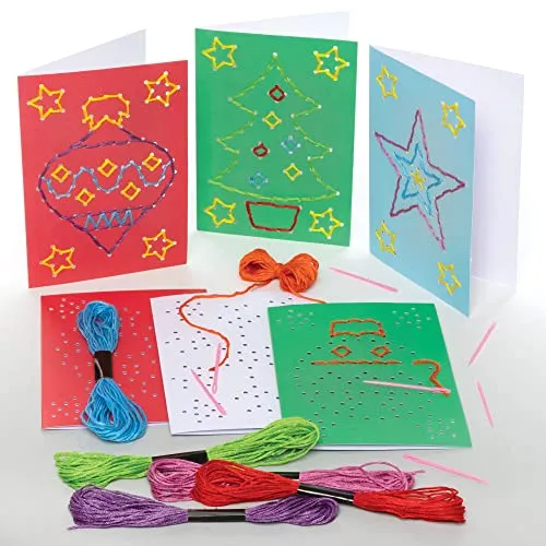 Baker Ross FE942 Kreuzstich Weihnachtskarten Bastelsets - 6er Pack, Weihnachtskarten Basteln für Kinder, Einführung Nähen und Kreuzstich, Pädagogisches Basteln