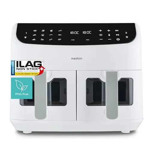 MEDION P20 XXL Heißluftfritteuse mit 2 Kammern - Heißluftfritteuse (8,7 Liter, 2.600W) für fettfreies Frittieren mit Sichtfenster und 9 Automatikprogrammen – ideal für große Familien.