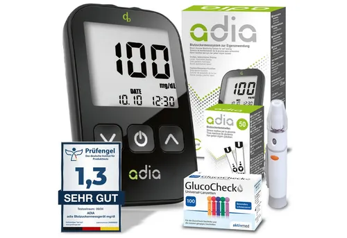 adia mg dl Starterkit - 60 Teststreifen + 110 Lanzetten, ideal für diabetische Selbstkontrolle und zuverlässige Blutzuckermessung
