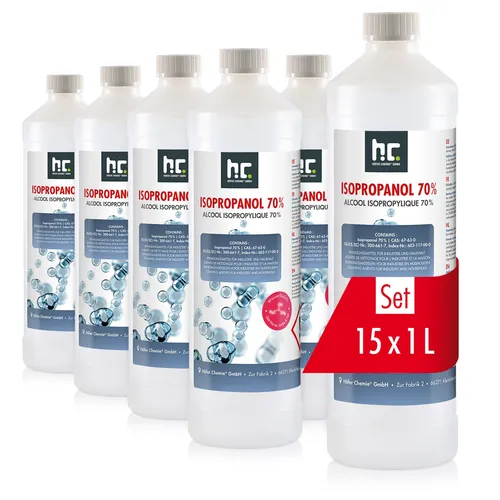 Isopropanol 70% - 15x 1 L Flaschen - Reinigungsmittel für vielseitige Anwendungen, ideal zum Entfernen von Fetten, Lacken und Tinte. Perfekt für Oberflächen wie Glas und Brillen, sowie als Nagel Cleaner in Studios.