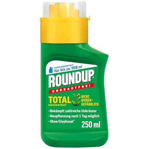 ROUNDUP Unkrautfrei TOTAL Konzentrat 250 ml - Effektives Unkrautbekämpfungsmittel für Gärten und Wege. Schnelle Wirkung innerhalb von 1–3 Stunden. Ideal zur Vorbereitung von Beeten ohne lange Wartezeiten. Einfach anzuwenden und für nichtberufliche Anwender geeignet.