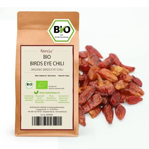 Kamelur 500g BIO Chili Schoten Birds Eye ganz - schonend getrocknete Chilischoten, ohne Zusätze - 120.000 Scoville - Chilli in biologisch abbaubarer Verpackung