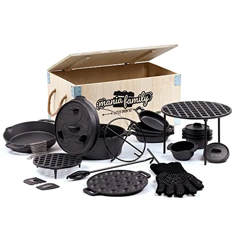 BBQ-Toro 19-teiliges Dutch Oven Set Mania Family - Grill-Werkzeuge - Umfassendes Set mit bereits eingebranntem Gusseisen-Dutch Oven für vielseitiges Kochen, Braten und Backen über Feuer oder Grill.