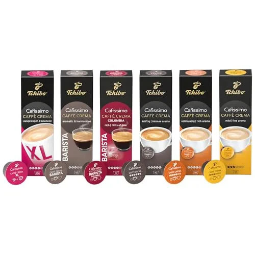 Tchibo Cafissimo Probierset Caffè Crema Edition - 60 nachhaltige Kaffeekapseln - Kaffeekapseln & Pads: Entdecken Sie 6 verschiedene Caffè-Crema-Sorten in einer praktischen Vorratsbox mit 60 recyclebaren Kapseln für maximalen Kaffeegenuss.