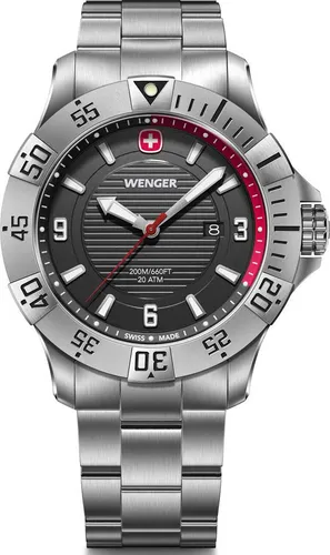 WENGER Herren Armbanduhr Seaforce, Ø 43 mm, Swiss Made - Moderne Sportuhr mit elegantem Edelstahlarmband und drehbarer Lünette. Ideal für Business und Abenteuer, wasserdicht bis 200 m. Saphirbeschichtetes Glas schützt vor Schmutz und Staub.