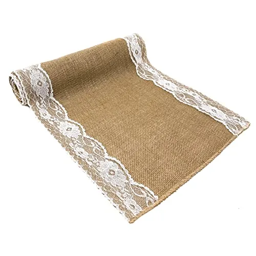 Oblique Unique® Jute Tischläufer mit Spitze Tischband Tisch Läufer Naturfarben 270 cm x 30 cm Tischdeko für Geburtstag Party Hochzeit Garten Party Deko