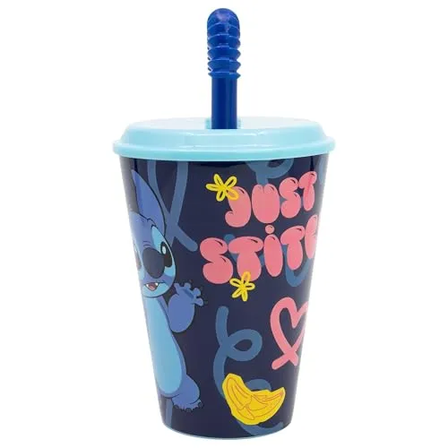 Stor Disney Stitch Plastikbecher für Kinder 430 ml, BPA-frei, wiederverwendbar und waschbar, mit Strohhalm und Deckel