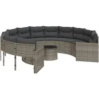 vidaXL Gartensofa mit Tisch und Kissen Rund Grau - Gartenmöbel-Set aus langlebigem Poly Rattan, ideal zum Entspannen im Freien mit bequemen, waschbaren Kissen und eleganter Glas-Tischplatte. Perfekt für Garten und Terrasse!