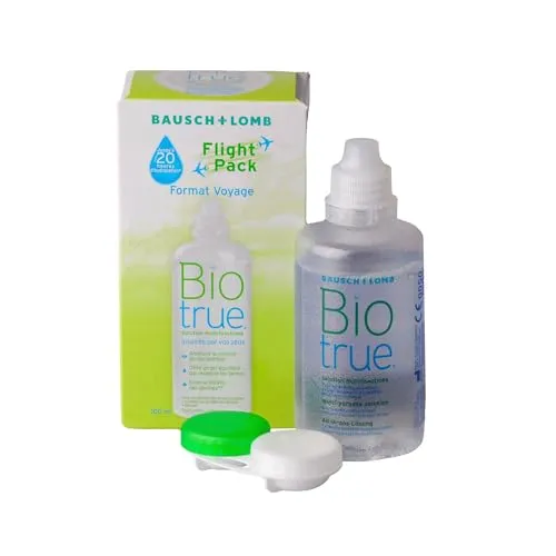 Biotrue Multi-Purpose Travel Linsenflüssigkeit, 100 ml Flug-Paket, Kissen und Rehydriert Weiche Kontaktlinsen - Konditioniert, Reinigt, Entfernt Proteine, Desinfiziert und Spült