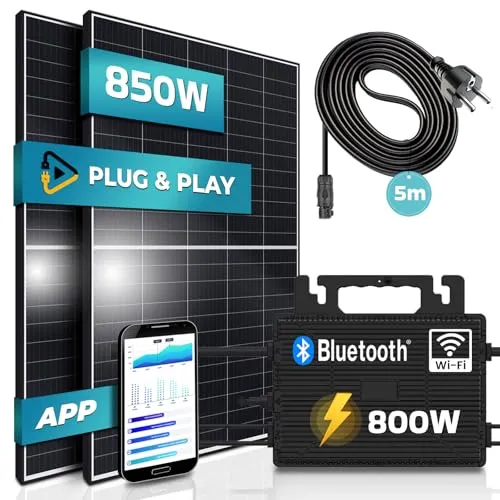 SUNNIVA® Balkonkraftwerk 850/800W - Effiziente Solaranlage mit Wifi und Bluetooth - Solaranlagen - Hochwertiges Balkonkraftwerk mit 800W Astro-Energy Micro Wechselrichter, upgradebar und drosselbar für individuelle Leistungseinstellungen.
