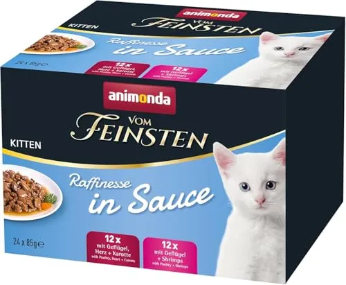 vom Feinsten Kitten Katzenfutter nass Raffinesse Sauce 24x85g - Katzenfutter für Kätzchen, mit köstlichen Shrimps und ohne Zuckerzusatz, ideal für eine gesunde Ernährung junger Katzen.