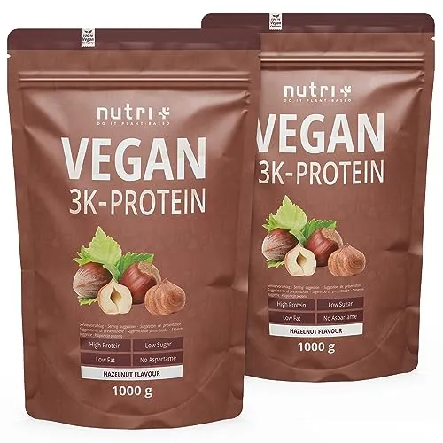 Nutri + Proteinpulver Vegan Haselnuss 2 kg - 83% Eiweiß - 3k Protein Powder Hazelnut Flavor - veganes Eiweißpulver ohne Milch & Whey - Nuss Geschmack