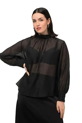 Ulla Popken Damen Transparente Bluse Schwarz 50-52 - Blusen & Tuniken für Damen aus extraweicher Lyocell-Qualität mit modernem gekräuseltem Stehkragen und stilvollen Manschetten für einen eleganten Look.