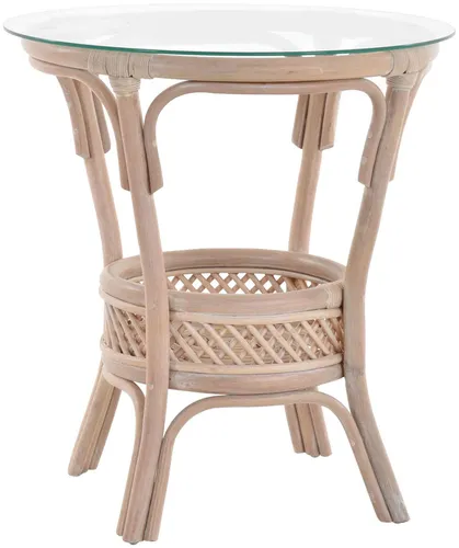 Rattan-Tisch Beistelltisch Rund mit Glasplatte (Vintage Weiss, Ø-59cm) - Tische & Stehtische: Stilvoller Rattan-Beistelltisch mit abnehmbarer Glasplatte, ideal für Wohnzimmer und Wintergarten. Modernes Design trifft auf praktische Ablagefläche.