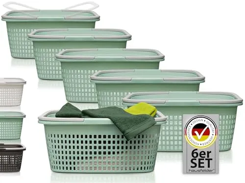 Hausfelder Wäschekorb 6er Set 35L – Wetterfeste Wäschekörbe in Jadegrün - Praktisches 6er Set mit 35L Volumen – Ideal zum Sortieren von Wäsche. Die stabilen, wetterfesten Körbe aus BPA-freiem Kunststoff sind platzsparend stapelbar und bieten optimale Luftzirkulation für frische Wäsche. Perfekt für drinnen und draußen!