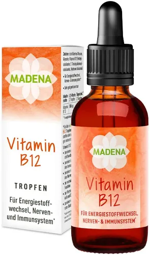 MADENA Vitamin B12 Tropfen 50 ml - Nahrungsergänzungsmittel mit 50 ml hochdosiertem Vitamin B12, unterstützt die Energieproduktion und das Nervensystem, rezeptfrei erhältlich.