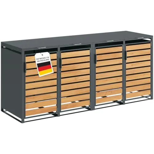 STEELSØN Kestra Mülltonnenbox 4er bis 120L – Hochwertige Müllverkleidung aus Stahl - Robuste Mülltonnenbox aus pulverbeschichtetem Stahl in Anthrazit mit eleganten Sichtstreifen. Wetterfest und langlebig, ideal für 4 Müllcontainer bis 120L – perfekt für jeden Garten.