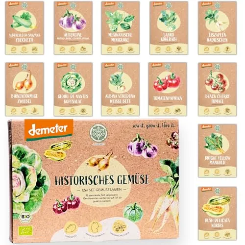 BIO Historisches Gemüse Samen Set - 12 Sorten Demeter Gemüse Saatgut - Entdecke 12 alte Gemüsesorten in einem praktischen Set! Ideal für Balkon, Hochbeet oder Garten. Samenfest und mit hoher Keimquote für reiche Ernten. Perfekt als Geschenk für Gartenfreunde!