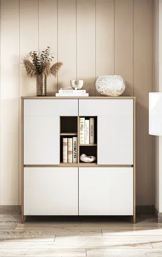 Highboard HOME AFFAIRE "Stranda" – Moderner Schrank im Scandic-Style, Weiß - Elegantes Highboard mit 4 Türen und 10 Fächern. Bietet vielseitigen Stauraum und besticht durch eine stilvolle Rahmenoptik. Ideal für jedes Zuhause.