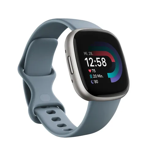 FITBIT Versa 4 Smartwatch - Aluminium Elastomer, Waterfall Blue Platinum, mit Fitness-Tracking und langer Akkulaufzeit