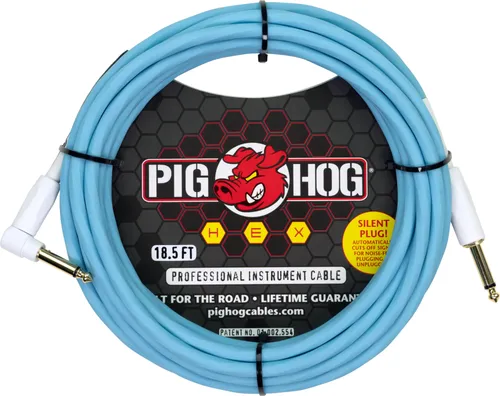 Pig Hog Hex Series Silent Kabel 5,6m - Daphne Blue - Hochleistungs-Instrumentenkabel mit integriertem Schalter, der das Signal beim Ziehen des Steckers unterbricht. Verwicklungsfreies Aufwickeln und langlebige Qualität in stilvollem Daphne Blue.