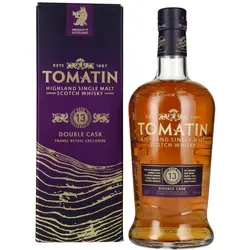 Tomatin 13 Years Old Double Cask Whisky 1l in Geschenkbox - Der Tomatin 13 Years Old Double Cask Whisky vereint die Aromen von Bourbon- und Sherryfässern. Mit 43% Vol. überzeugt er durch fruchtige Süße und würzige Noten. Ideal als Geschenk für Genießer.