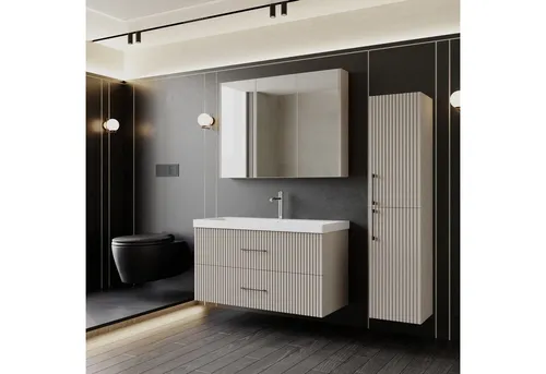 Badmöbel Set Liana | Waschtisch mit Unterschrank 100 - Badezimmermöbel in Erdtönen für eine gelassene Atmosphäre. Das Set bietet individuelle Gestaltungsmöglichkeiten und vereint originelles Design mit zeitloser Eleganz.